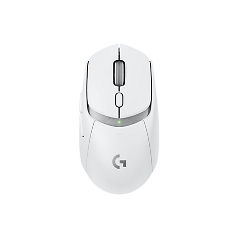 Draufsicht auf eine weiÃŸe Computermaus. Das Logo 'G' ist sichtbar.