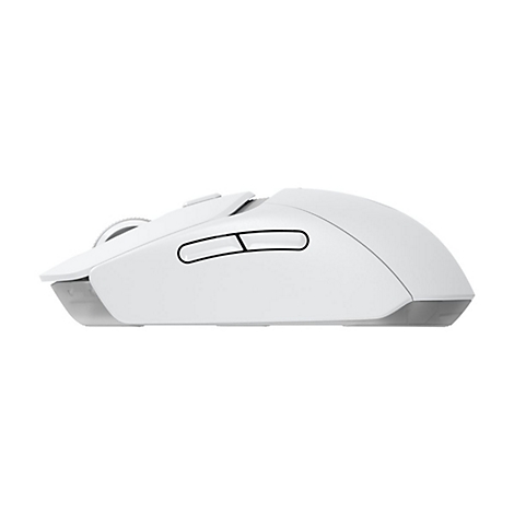 WeiÃŸe Maus, Seitenansicht, zwei KnÃ¶pfe. Hellgraue Kante, graues Scrollrad. Neutraler Hintergrund.