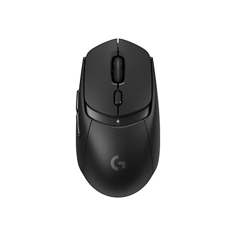 Draufsicht auf eine schwarze Computermaus mit Scrollrad, Logo und Seitentasten.