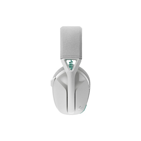 Hellgraues Headset, weiß, mit türkisfarbenen Akzenten. Der Bügel ist gepolstert, das Logo ist auf der Seite.