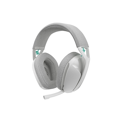 Hellgraues Headset auf weißem Hintergrund. Der Kopfbügel und die Ohrmuscheln sind mit Stoff bespannt. Ein Mikrofon ist am linken Hörer angebracht.