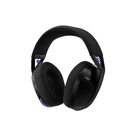 Schwarzes Gaming-Headset, blaue Akzente, weißer Hintergrund. Logo.