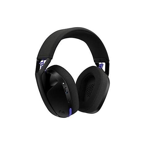 Schwarzes Gaming-Headset mit blauen Akzenten, Nahaufnahme vor weißem Hintergrund.