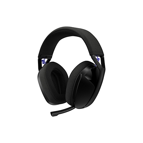 Schwarzes Gaming-Headset auf weißem Hintergrund, seitliche Ansicht.