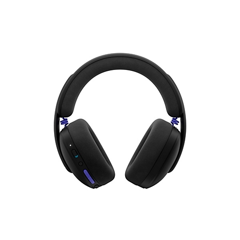 Schwarze kabellose Over-Ear-Kopfhörer mit blauem Spiralkabel und seitlichen Bedienknöpfen auf weißem Grund.