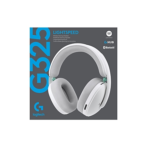 Weißes Logitech G325 Gaming-Headset vor einer dunkelgrauen Verpackung mit blauem Branding.