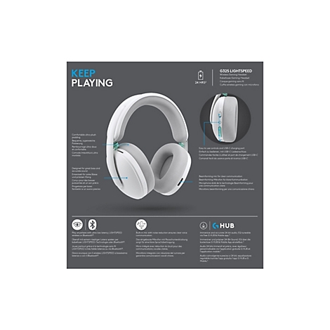 Weißes G325 LIGHTSPEED Gaming-Headset mit detaillierten Produktinfos zu Features und Funktionen.