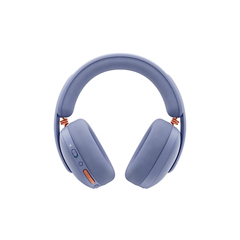 Hellblaue Over-Ear-Kopfhörer vor weißem Hintergrund. Detailansicht mit orangefarbenen Akzenten. Die Ohrmuscheln und der Kopfbügel sind gepolstert.