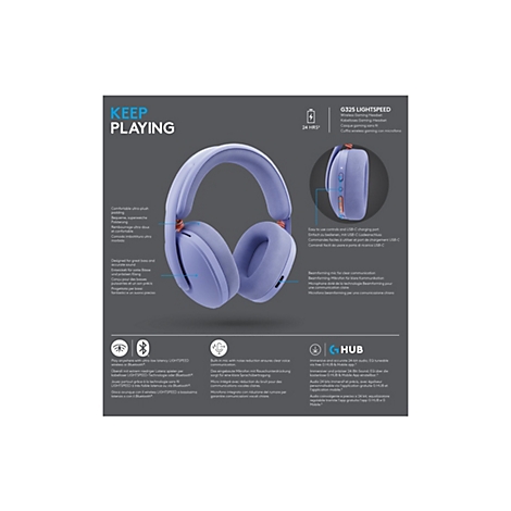 Fliederfarbenes Logitech G325 Gaming-Headset mit Übersicht der technischen Funktionen und Produktmerkmale.