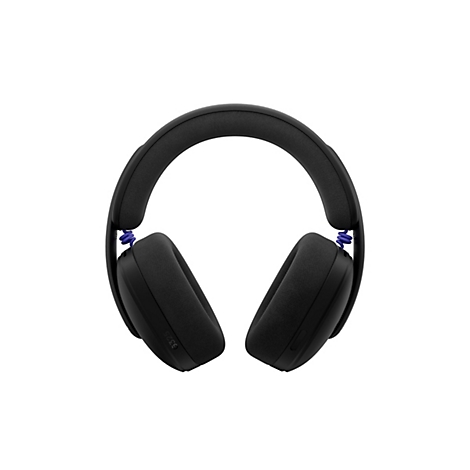 Schwarzer Over-Ear-Kopfhörer mit blauen Akzenten, vor weißem Hintergrund. Der Kopfhörer ist in der Mitte gefaltet.