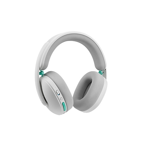 Hellgrauer Kopfhörer mit weissen Akzenten und türkisen Details. Die Ohrmuscheln und der Kopfbügel sind gepolstert.
