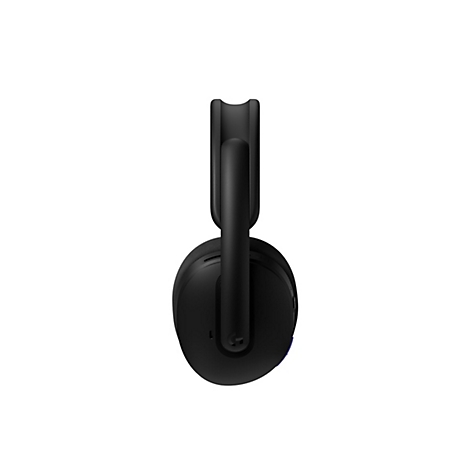 Schwarzer Kopfhörer, Detailansicht. Der Bügel verläuft mittig, darunter die runden Ohrmuscheln. Logo.