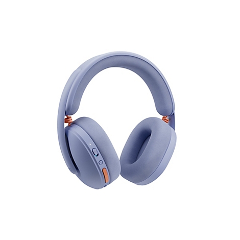 Hellblaue kabellose Kopfhörer. Ohrmuscheln und Kopfbügel sind gepolstert. Die Bedienelemente sind orange.