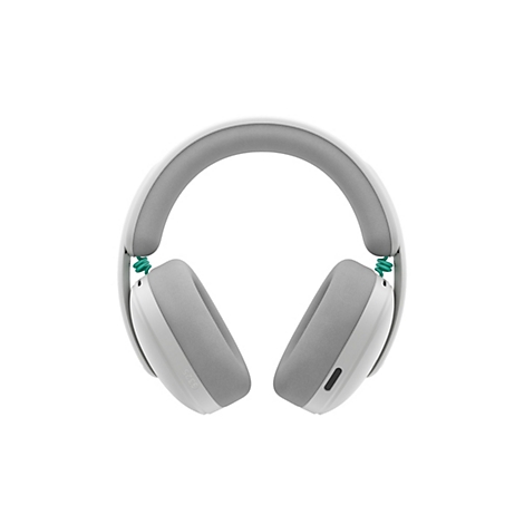 Hellweiße Kopfhörer, graue Ohrmuscheln und Kopfbügel, mintgrüne Kabel. G325 Schriftzug auf der Ohrmuschel.