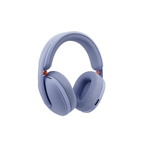 Hellblaue kabellose Kopfhörer, Detailansicht. Die Ohrmuscheln und der Kopfbügel sind mit einem strukturierten Stoff überzogen.