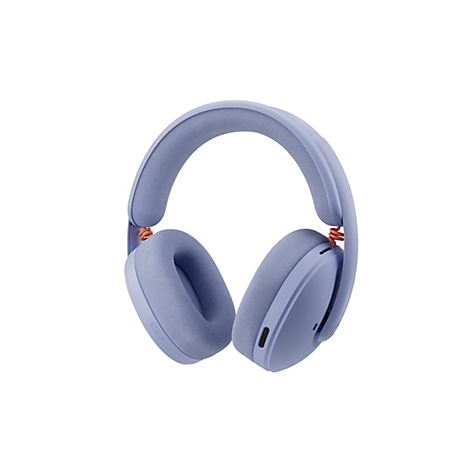 Hellblaue kabellose Kopfhörer, Detailaufnahme. Gepolsterter Kopfbügel und Ohrmuscheln. Orangefarbene Akzente.