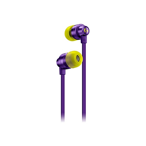Violette In-Ear-Kopfhörer mit gelben Ohrstöpseln, Logo, auf weißem Hintergrund.