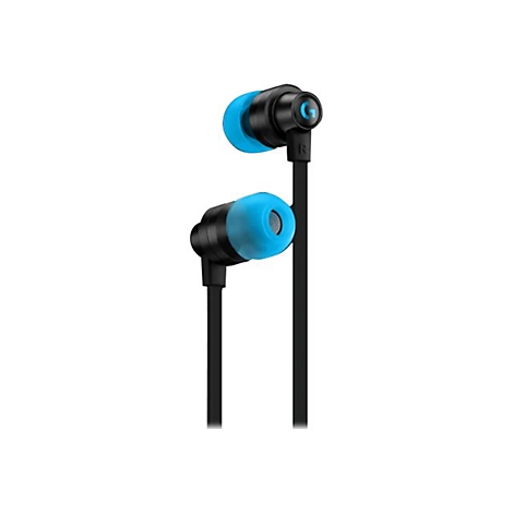 Schwarze In-Ear-Kopfhörer mit blauen Ohrstöpseln. Auf einem der Hörer ist ein G-Logo zu sehen.