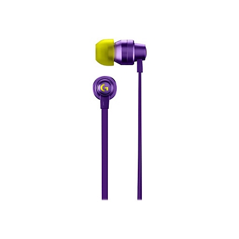 Violette In-Ear-Kopfhörer mit gelben Ohrstöpseln auf weißem Hintergrund.