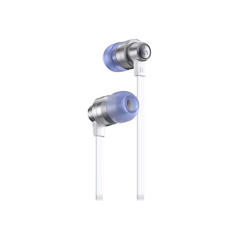 Zwei In-Ear-KopfhÃ¶rer mit silbergrauen MetallgehÃ¤usen, blauen OhrstÃ¶pseln und weiÃŸen Kabeln.