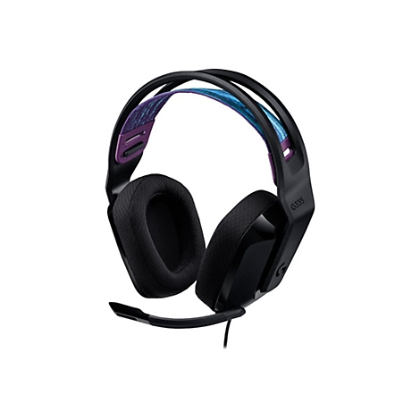 Schwarzes Gaming-Headset mit blau-lila Akzenten, Mikrofon und der Aufschrift G335.