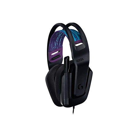 Schwarzes Gaming-Headset G335 mit blau-violettem Muster am Kopfbügel.