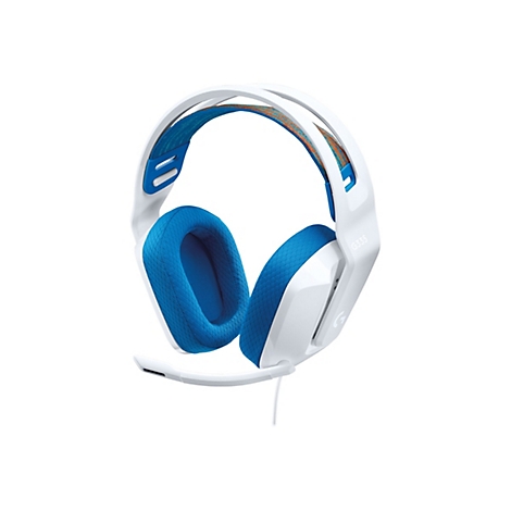 Weißes Gaming-Headset mit blau gepolsterten Ohrmuscheln und verstellbarem Kopfbügel mit orangefarbenem Stoff. Modell G335, Kabel.