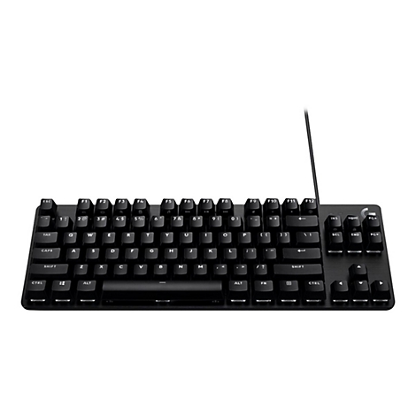 Schwarze Tastatur mit weißen Buchstaben und Kabel. Oben: Funktionstasten. Unten: Buchstaben und Sonderzeichen.