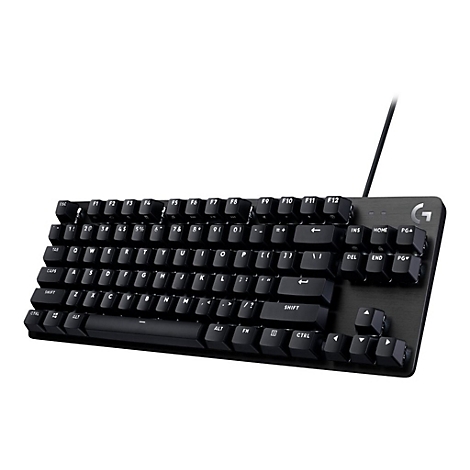 Schwarze mechanische Tastatur, von oben fotografiert, mit beleuchteten Tasten, erkennbar durch das G-Logo.