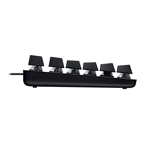 Nahaufnahme von schwarzen Tastenkappen und Schaltern einer mechanischen Tastatur. Die Tasten sind leicht angewinkelt, das Kabel ist am linken Rand sichtbar.