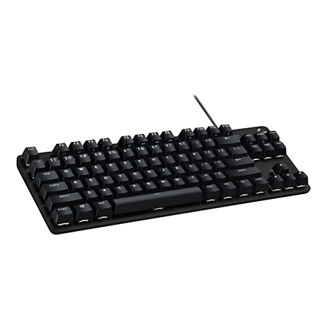 Schwarze Tastatur mit weißen Tasten. Buchstaben, Zahlen und Sonderzeichen sind deutlich lesbar. Ein Kabel ist angeschlossen.