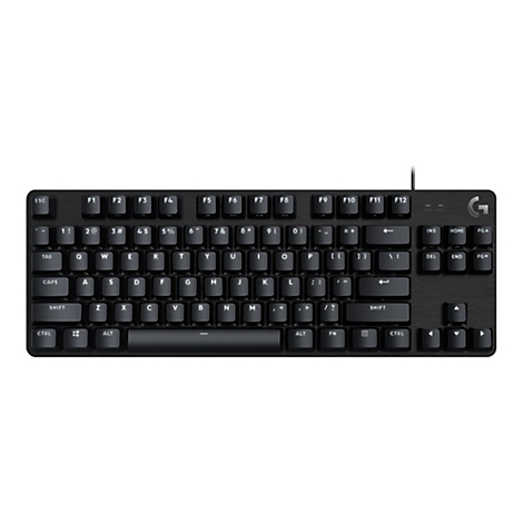 Schwarze mechanische Tastatur, von oben fotografiert. Tasten sind beschriftet, mit Buchstaben, Zahlen und Sonderzeichen. Logo 'G' rechts oben.