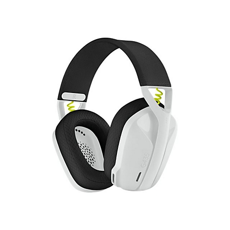 Casque blanc, bandeau noir, touches de vert. "G435" est écrit sur un écouteur.