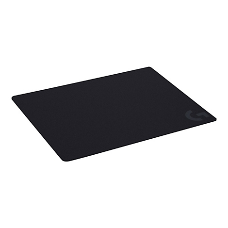 Schwarzes Mauspad mit dem Logitech-Logo.