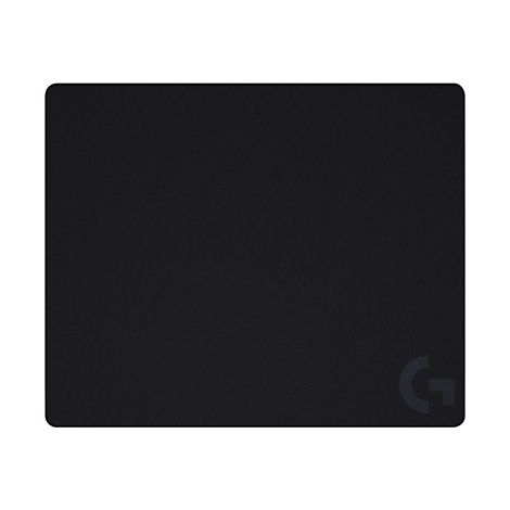 Schwarzes Mousepad mit abgerundeten Ecken. Unten rechts das Logo "G".