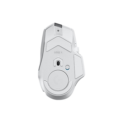 Souris de jeu blanche G502 X, vue de dessus. Avec logo 'G' et divers boutons.