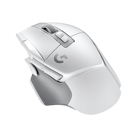 Souris de jeu sans fil blanche avec logo Logitech G, molette et boutons latéraux, isolée sur fond blanc.