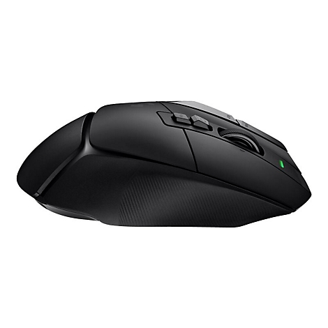 Schwarze Computermaus mit mehreren Tasten und Scrollrad.