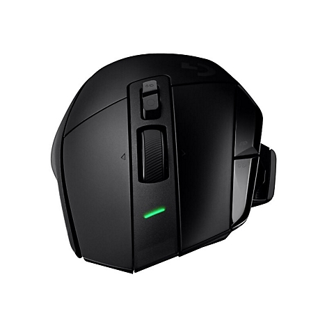 Schwarze Gaming-Maus mit Bedienelementen und grÃ¼nem Licht. Auf weiÃŸem Hintergrund.