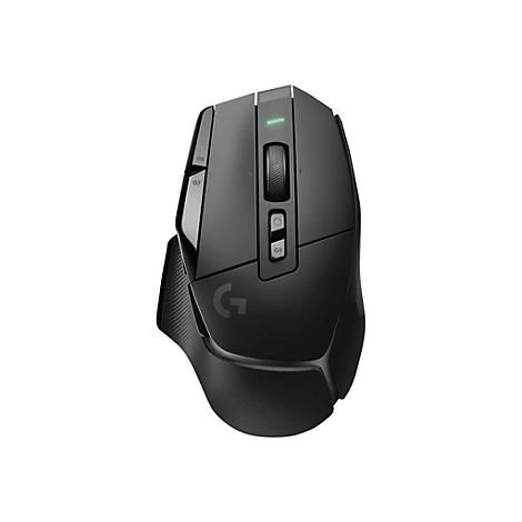 Schwarze Gaming-Maus mit Logo, Scrollrad, Tasten, und Licht. Auf weiÃŸem Hintergrund.