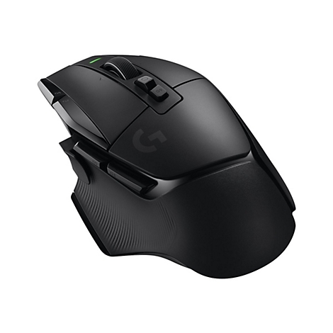 Schwarze Gaming-Maus von Logitech, G-Logo, mehrere Tasten, ergonomisches Design.