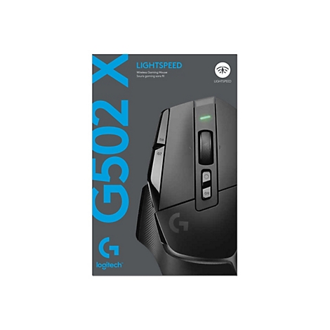 Schwarze Logitech G502 X Maus. Produktabbildung, mit Logo, Produkttypbezeichnung und LIGHTSPEED-Funktion.