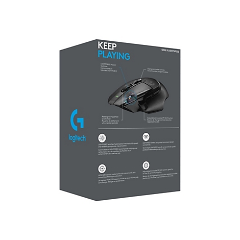 Schwarze Logitech Gaming Maus auf der Verpackung. Text: KEEP PLAYING, Logitech G.