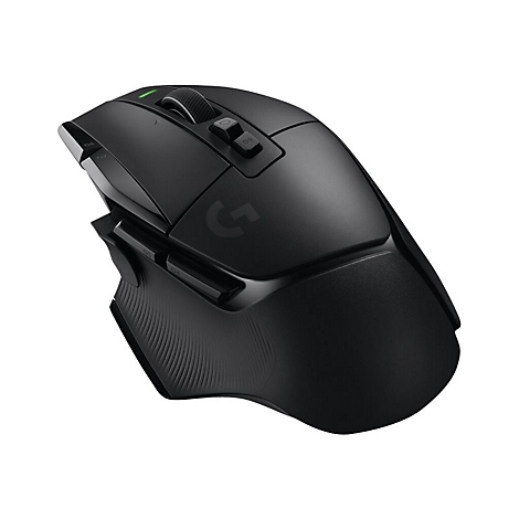 Schwarze Gaming-Maus, leicht von oben fotografiert. Mit zwei zusÃ¤tzlichen KnÃ¶pfen, einem Mausrad und dem Logitech G-Logo.