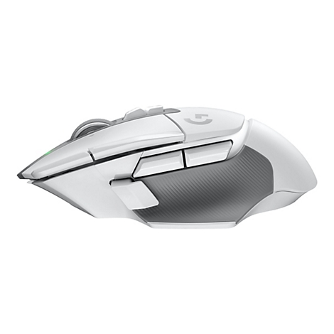 WeiÃŸe Gaming-Maus mit mehreren Tasten und Logo, leicht schrÃ¤g von der Seite fotografiert.