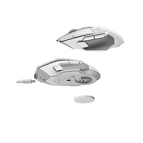 Kabellose Gaming-Maus in WeiÃŸ. Verschiedene Perspektiven, die Komponenten zeigen. Dazu gehÃ¶ren Ladekabel, Ladestation und Maus selbst.