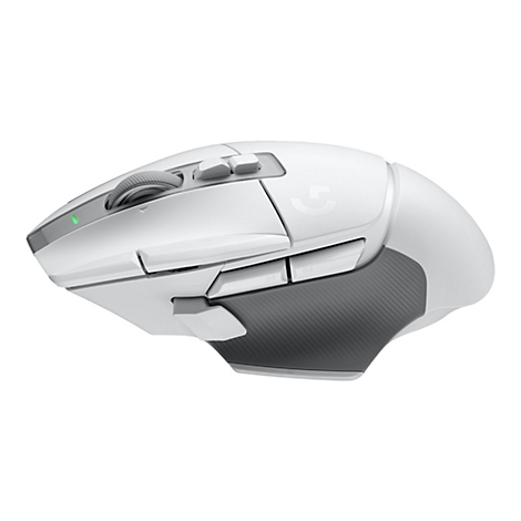 WeiÃŸe Computermaus mit grauen Akzenten. Auf der Seite befinden sich Zusatztasten. Deutlich ist das Logitech-Logo zu erkennen.