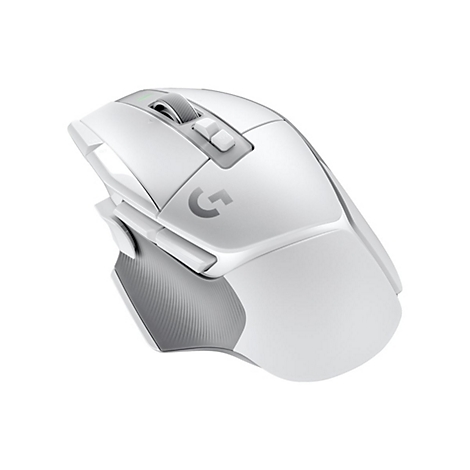 Eine weiÃŸe Gaming-Maus von Logitech. Die Maus hat ein graues Scrollrad und das Logo G.