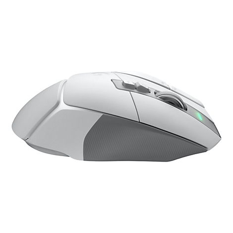 Weisse Computermaus mit grauen Akzenten. Seitliche Ansicht, deutlich sind Rollrad und Zusatztasten.