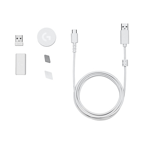 WeiÃŸes ZubehÃ¶rset: USB-EmpfÃ¤nger, Sender, Logo-Pad, Kabel mit USB-C- und USB-Anschluss.